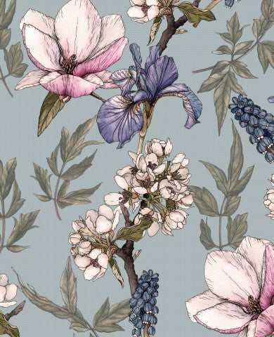 Satin cotton flowers and leaves on blue background