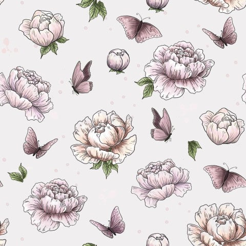 Muslin pink peonies and butterflies