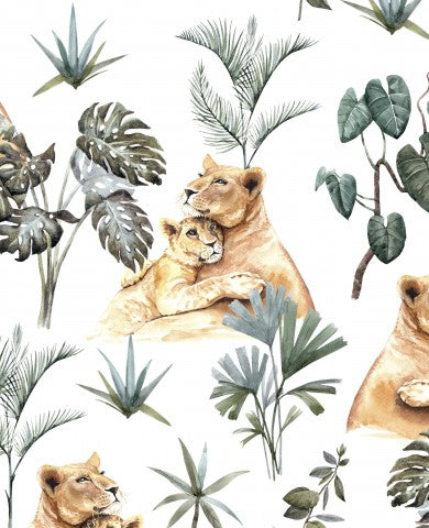 Satin cotton watercolor pattern with lions and plants
