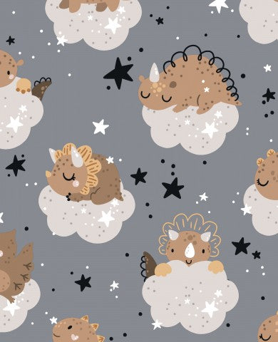 Simpatici dinosauri in raso di cotone che dormono sulle nuvole