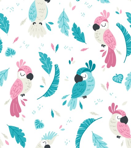 Rib Jersey colorful parrots and leaves