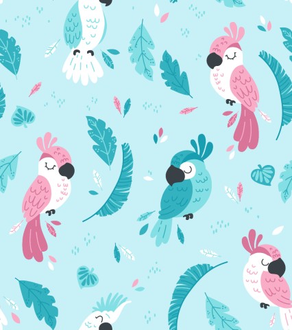 French Terry colorful parrots and leaves