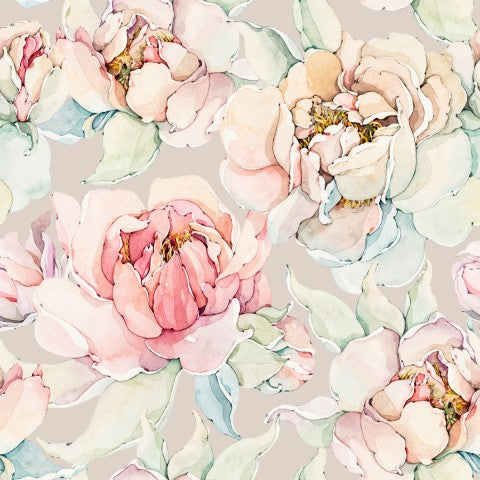 Aquarelpatroon van satijnkatoen met roze pioenrozen