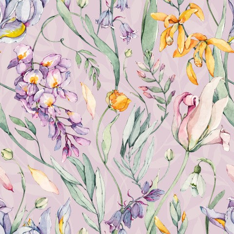 Jersey floral pattern with irises and lilies on a pink background