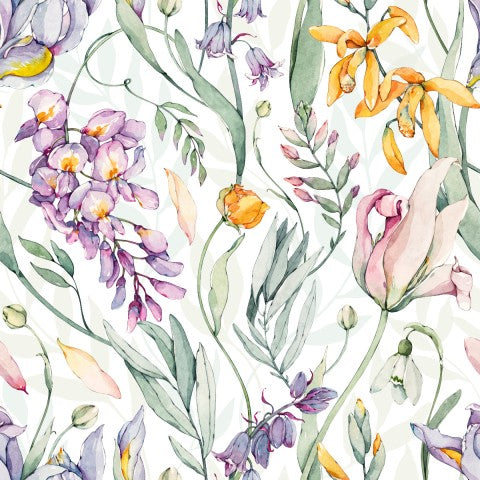 Rib Jersey Aquarellmuster mit Schwertlilien und anderen Blumen