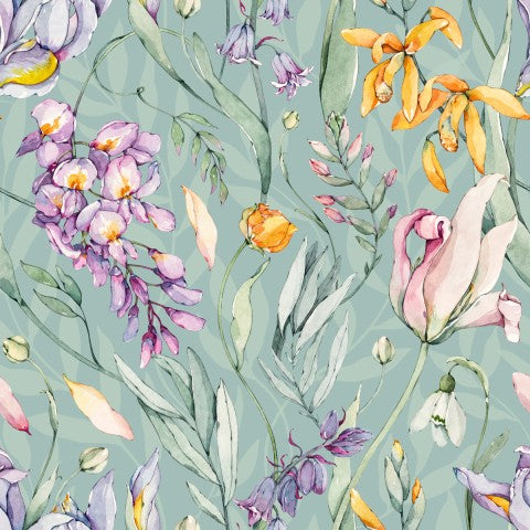 Muslin floral pattern with irises and other flowers on a green background