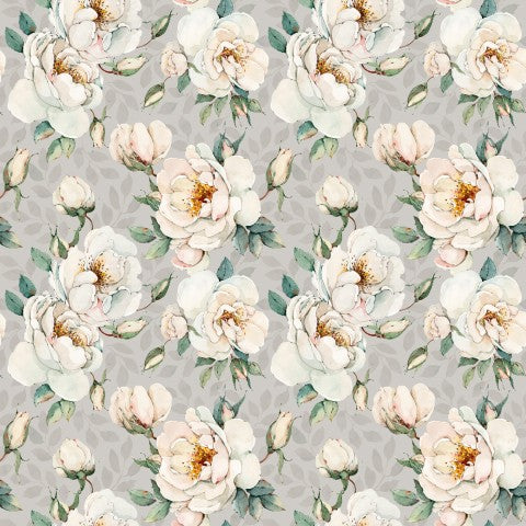 Muselina, un papel tapiz floral sin costuras con flores blancas y rosas.