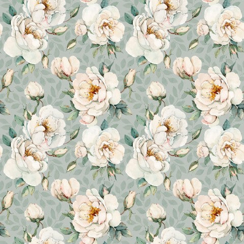 Blomstermønster i satinbomuld med hvide og lyserøde blomster