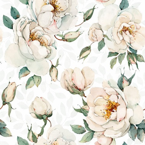 Muslin floral pattern with white roses on a white background