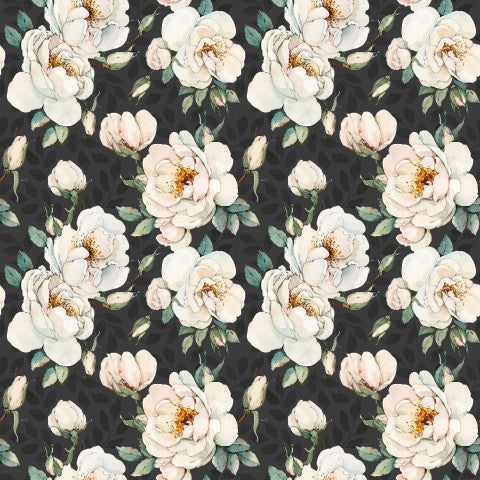 French Terry a black and white floral pattern with white roses