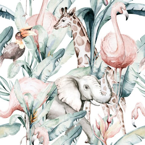 Panama watercolor pattern with giraffes, elephants and other animals