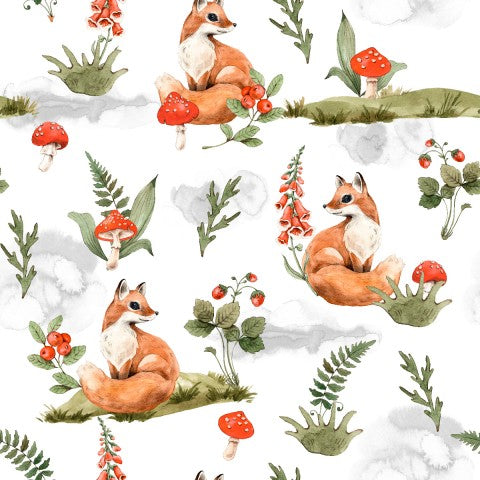 Patrón de acuarela de muselina con zorros y setas