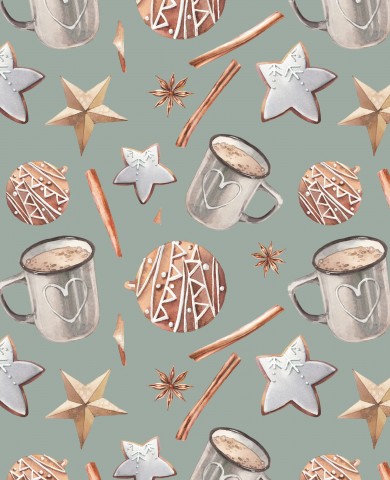Satin cotton coffee cups, stars and cinnamon sticks