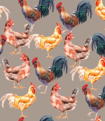Muslin pattern of roosters on a gray background