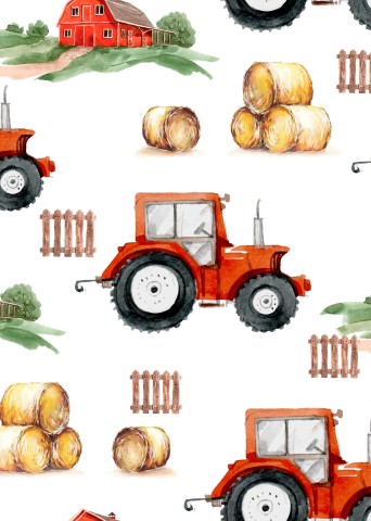 Canvas cotton a watercolor pattern with a red tractor and hay bales