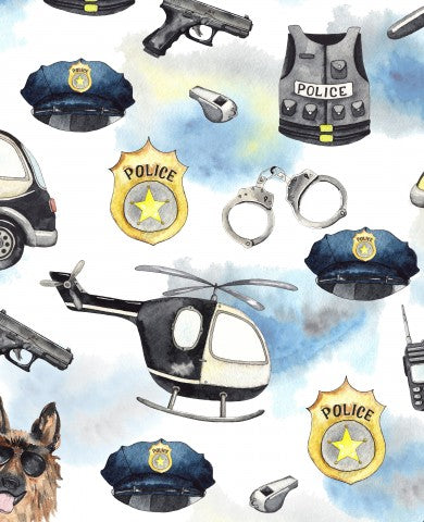 Rib Jersey watercolor pattern with German Shepherds and police cars