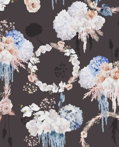 Satin cotton a floral pattern with blue, pink and white flowers