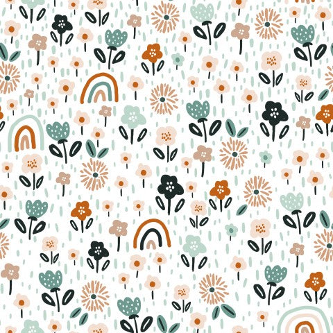 Flores de muselina y arcoíris sobre fondo blanco.