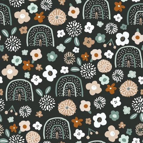French Terry a black and white pattern with flowers and rainbows