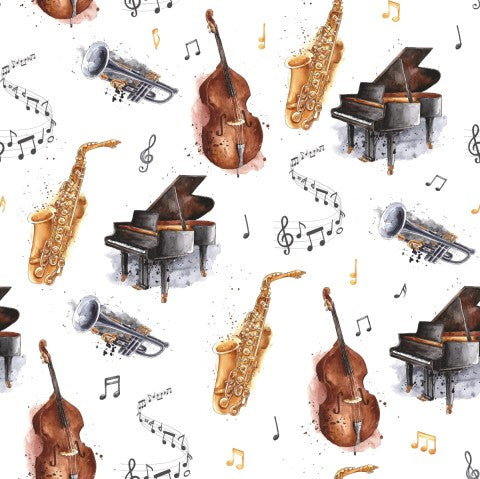 Waterproof fabric watercolor pattern with musical instruments and music notes