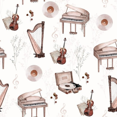 Satin de coton à motif aquarelle avec instruments de musique