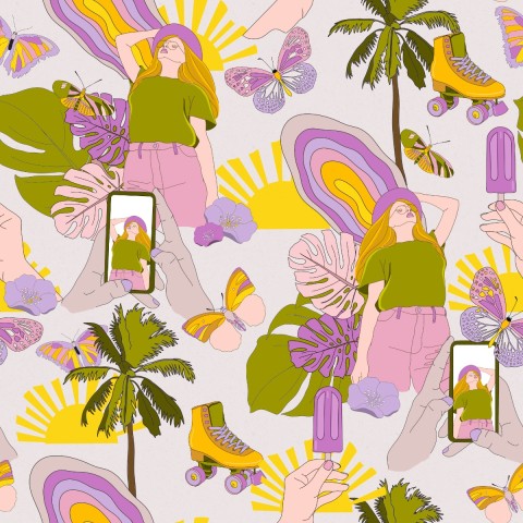 Satin cotton girl on roller skates, palm trees and butterflies