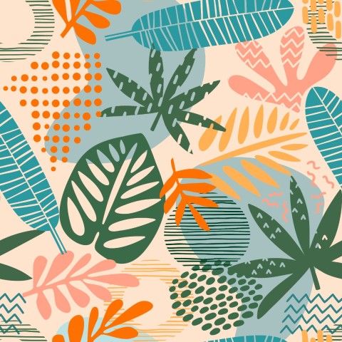 Satin cotton colorful tropical leaves