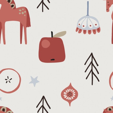 Muslin horses, apples and trees