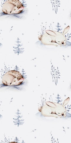 Canvas cotton a white and blue pattern with rabbits and pines