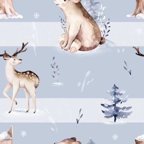 Satin cotton watercolor bears and deer on blue background