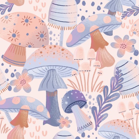 Satin cotton mushrooms and flowers on a pink background