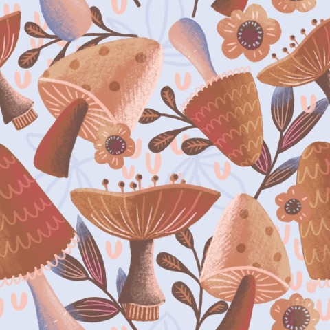 Canvas cotton mushrooms and flowers on blue background