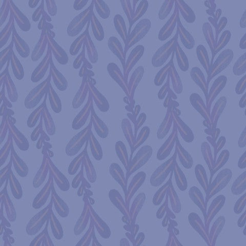 French Terry violetten Blättern auf blauem Hintergrund