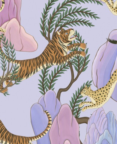 Maglia a coste con illustrazione di una tigre e un ghepardo su sfondo viola