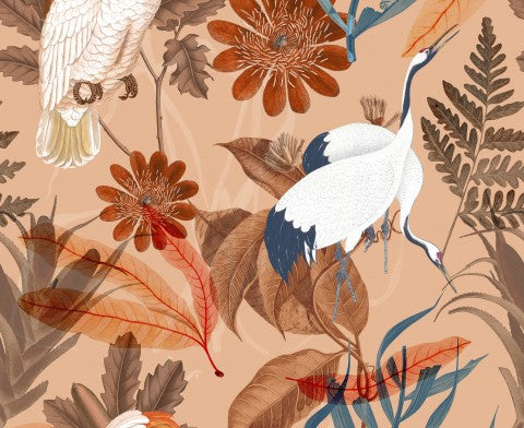 Pájaros, flores y hojas de muselina