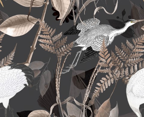 Toile de coton, papier peint noir et blanc avec des oiseaux et des plantes