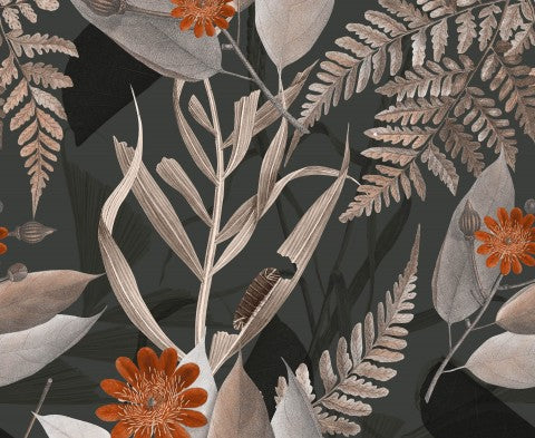 Satin cotton a floral pattern with orange flowers and ferns