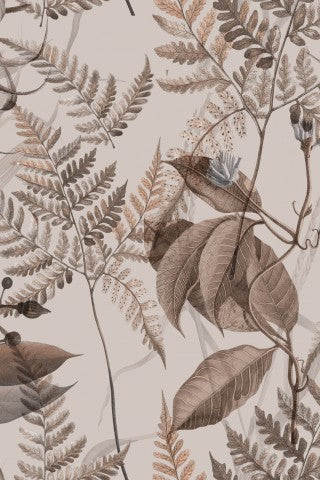 Fransk frotté, ett mönster av ormbunkar och löv på en beige bakgrund