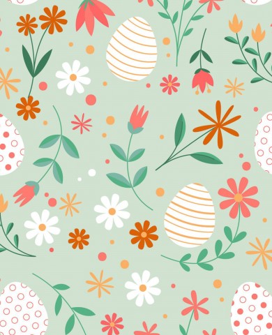 Satin cotton flowers and eggs on green background