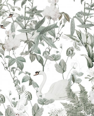 Canvas Baumwolle einen weißen Schwan, umgeben von Pflanzen und Blumen