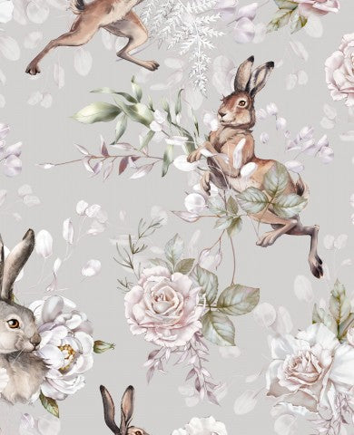 Tissu imperméable avec un motif de lapins et de fleurs sur fond gris