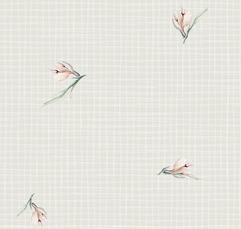 Mønster af lyserøde blomster i bomuld på lærred på hvid baggrund