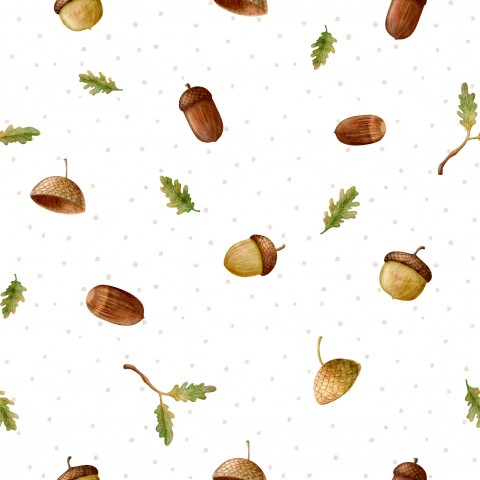 Rib Jersey acorns and leaves on white background