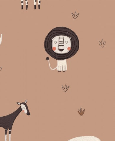 Satijnkatoen met een patroon van dieren en zebra's op een bruine achtergrond