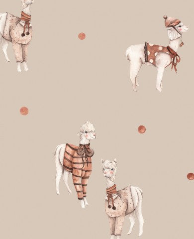 Muslin a pattern of llamas and alpacas on a beige background