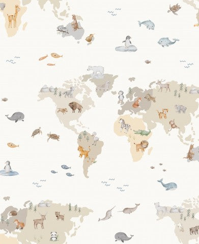 Jersey, un mapa del mundo con animales y pájaros.