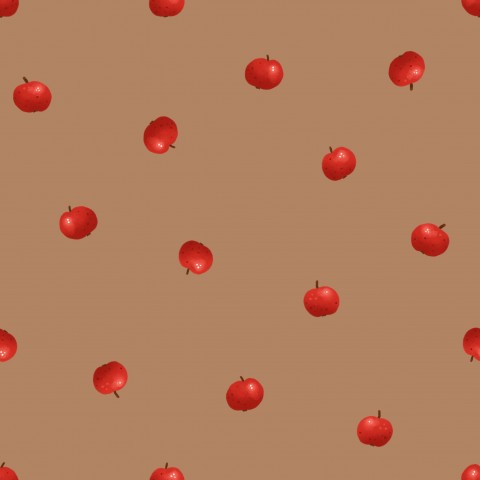 Satin cotton pattern of red apples on a brown background