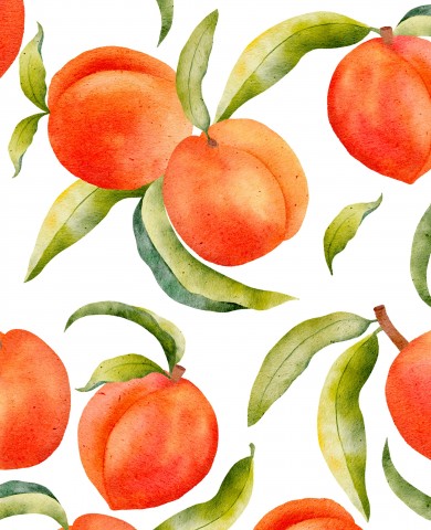 Satin Baumwolle Aquarellmuster mit Pfirsichen und Blättern