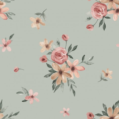 Jersey blomstermønster med lyserøde og ferskenblomster