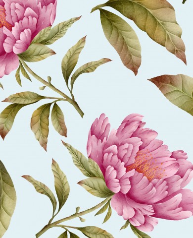 Satin Baumwolle rosa Pfingstrosenblüten und -blättern